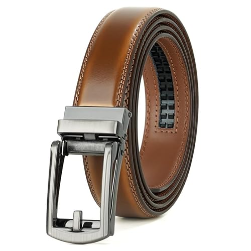 JasGood Herren Ledergürtel Automatische Ratsche Gürtel für Herren Leder Gürtel 33mm Breit mit Verstellbarer Automatische Schnalle für Anzug Geschäft Lässig,Braun,115cm von JasGood