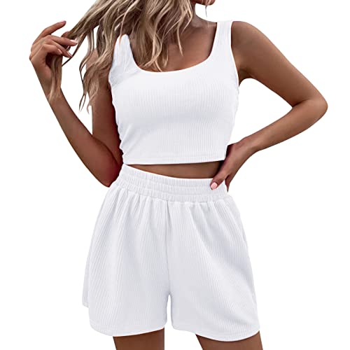 Jaskdconsy Zweiteiler Damen Sommer,2-teiliges Outfit für Frauen Bequem und atmungsaktiv Ärmellos Crop Top und Shorts mit hoher elastischer Taille Gerades Bein Sport Hauseanzug von Jaskdconsy