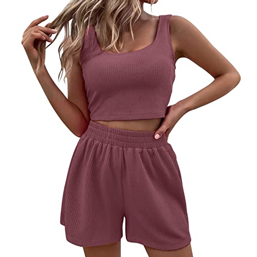 Jaskdconsy Zweiteiler Damen Sommer,2-teiliges Outfit für Frauen Bequem und atmungsaktiv Ärmellos Crop Top und Shorts mit hoher elastischer Taille Gerades Bein Sport Hauseanzug von Jaskdconsy