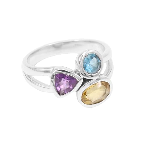 Jay Jools Amethyst-Blautopas-Citrin-Ring aus massivem 925er-Sterlingsilber, handgefertigter Ring mit 3 Steinen (52¾(17)) von Jay Jools