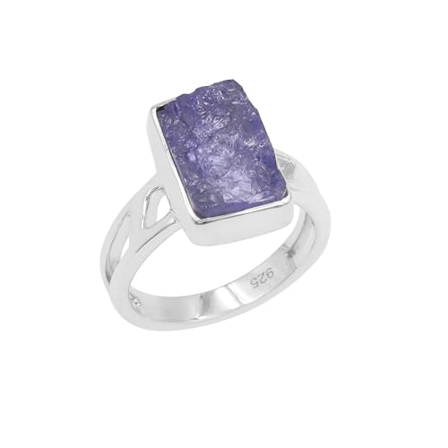 Jay Jools Roher Tansanit-Ring, Geburtsstein Dezember, aus 925er Sterlingsilber, blauer Solitär-Statement-Ring, Schmuck für Damen und Herren, US 11 von Jay Jools