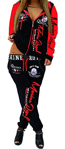 Jaylvis Damen Jogginganzug Trainingsanzug Hose + Jacke 2tlg Set Übergröße ARMS A.2254 Schwarz-Rot XXL 48 von Jaylvis