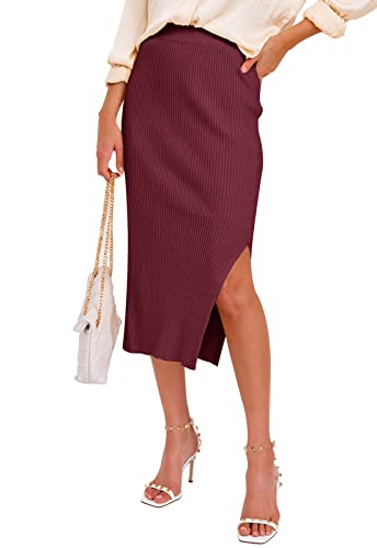 JayscreateEU Damen Rock Mit Schlitz Midi Rock Langer Knielang Wickelrock Midirock Partyrock Sommer Rock Herbst Winter Rock Skirt Damen Bleistiftrock,Rot,M von JayscreateEU