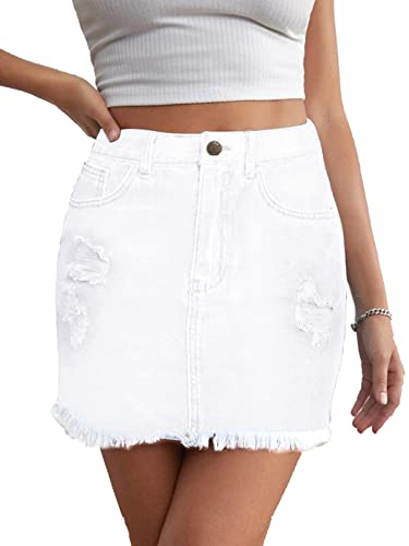 JayscreateEU Damen Sommerrock Jeansrock Enger Rock Minirock mit Tasche Hüftrock A-Linie Rock mit Taschensaum Rock mit Fransen,Weiß,L von JayscreateEU