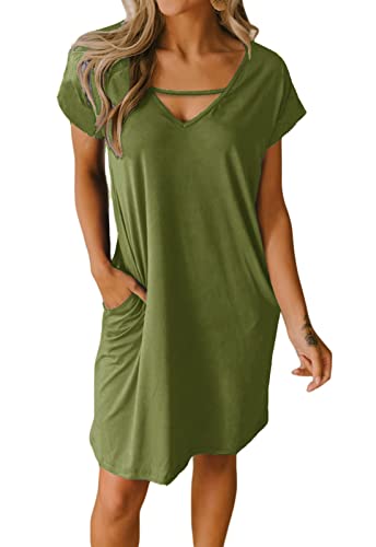 JayscreateEU Damenkleid Sommerkleid Tunikakleid T-Shirtkleid Knielanges Kleid A-Linie Kurzarm Kleid Freizeitkleid V-Ausschnitt Kleid mit Taschen Strandkleid Umstandskleid ，Grün，M von JayscreateEU