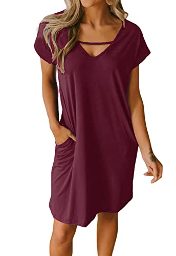 JayscreateEU Damenkleid Sommerkleid Tunikakleid T-Shirtkleid Knielanges Kleid A-Linie Kurzarm Kleid Freizeitkleid V-Ausschnitt Kleid mit Taschen Strandkleid Umstandskleid Casual Kleider ，Rot，L von JayscreateEU