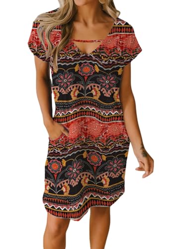 JayscreateEU Sommerkleid Strandkleid Damen Boho Kleid T-Shirtkleid Knielanges Kleid A-Linie Tunika Kleid Kurzarm Freizeitkleid V-Ausschnitt Kleid mit Taschen Kleider，Orange，L von JayscreateEU