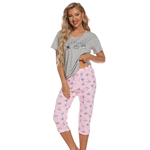 Jecarden Damen Schlafanzug Zweiteiliger Pyjama Sommer Nachthemd Kurzärmeliges Hausanzug Baumwolle Sleepwear Nachtwäsche Oberteil und Hose für Damen Junges Mädchen von Jecarden