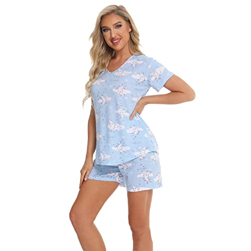 Jecarden Damen Schlafanzug Kurz Damen Pyjama Set Sommer Nachtwäsche Baumwolle Zweiteiliger Sleepwear Hausanzug und Hose mit Tunnelzug V-Ausschnitt Pyjamas Kurzarm Nachthemd L von Jecarden