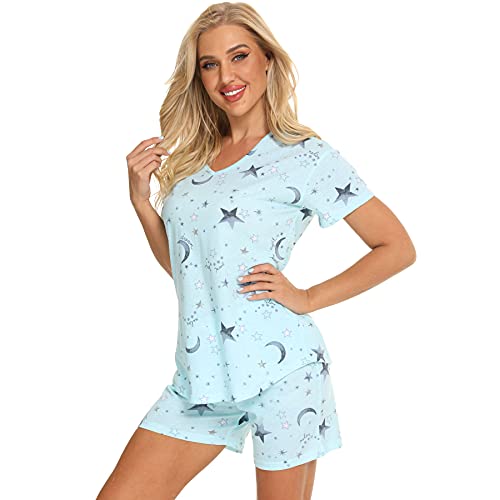 Jecarden Damen Schlafanzug Kurz Damen Pyjama Set Sommer Nachtwäsche Baumwolle Zweiteiliger Sleepwear Hausanzug und Hose mit Tunnelzug V-Ausschnitt Pyjamas Kurzarm Nachthemd L von Jecarden