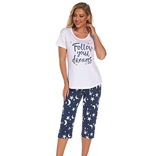 Jecarden Damen Schlafanzug Zweiteiliger Pyjama Sommer Nachthemd Kurzärmeliges Hausanzug Baumwolle Sleepwear Nachtwäsche Oberteil und Hose XXL von Jecarden