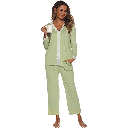 Jecarden Damen Schlafanzug mit Spitze Lang - Damen Pyjama Set Winter Langärmelig Nachtwäsche Zweiteiler Baumwolle Sexy Pyjama für Frauen weiche Loungewear Grün XL von Jecarden