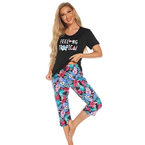 Jecarden Schlafanzug Set, Damen Nachthemd Pyjama Set Baumwolle Kurz Nachthemden Zweiteilige Kurzarm Shirt und Lang Schlafanzughose Sleepwear von Jecarden