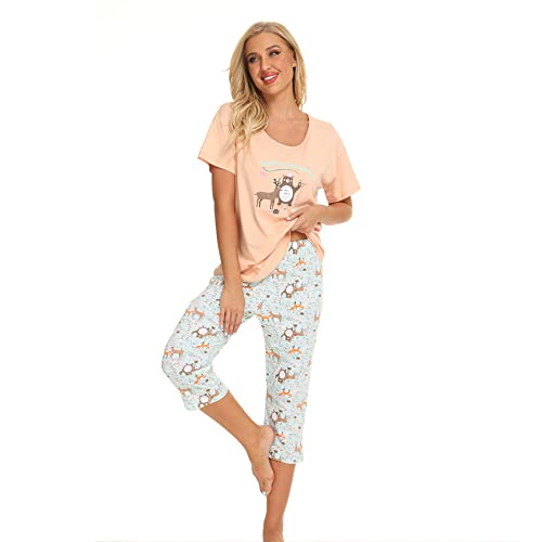 Jecarden Schlafanzug Damen Kurz Nachthemd - Pyjama Damen Kurzarm Baumwolle Capri Schlafanzug Damen Sleepwear Zweiteiliger Sleepwear Orange S von Jecarden