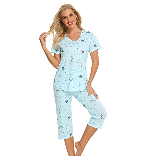 Jecarden Schlafanzug Damen Nachthemd Kurz - Pyjama Damen Baumwolle Sommer Capri Schlafanzug Damen Sleepwear Kurzarm Zweiteiliger Sleepwear L von Jecarden