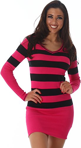 Jela London Damen Fein Strick Long Pullover Kleid Mini gestreift V-Ausschnitt Langarm, Lang (Pink Schwarz) 34-38 von Jela London