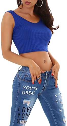 Jela London Damen Bustier top Crop-Top bauchfrei Feinripp Stretch, Blau von Jela London