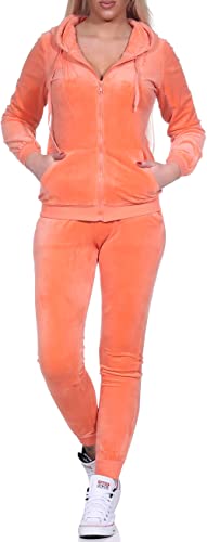 Jela London Damen Nicki Hausanzug Jogginganzug Velour Samt Jogging Freizeit Hose Kapuzen Jacke, Hellorange Apricot, 34-36 (S) von Jela London