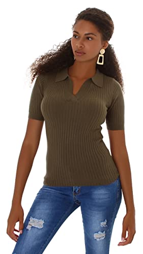 Jela London Damen Polo Shirt Einfarbig Stretch Slim-Fit Bodycon, Olivgrün Jela London Damen Polo Shirt Einfarbig Stretch Slim-Fit Bodycon, Olivgrün von Jela London