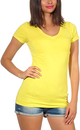 Jela London Damen T Shirt lang Longshirt Basic Stretch einfarbigGelb (V-Ausschnitt), 30-32 (XS) von Jela London