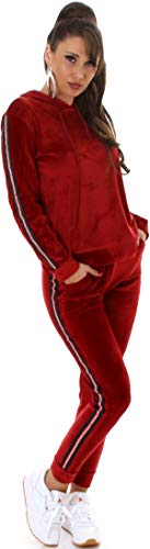 Jela London Damen Trainingsanzug Jogginganzug Stretch Hausanzug Kapuzen-Pullover, Nicki Velour Streifen, Rot 34-36 (S/M) von Jela London