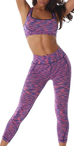 Jela London Damen Sport-Set Zweiteiler Fitness Work-Out Tank-Top Crop-Top bauchfrei 7/8 High-Waist Leggings Capri, Lila 32 34 von Jela London