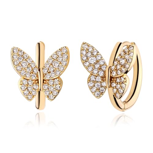 Jenosy Ohrringe Damen Gold Ohrringe Schmetterling Zarte Schmetterling Creolen Ohrringe Modische Leichte Knorpel Huggie Hypoallergene Ohrringe 18K Vergoldet Modeschmuck für Frauen und Mädchen von Jenosy