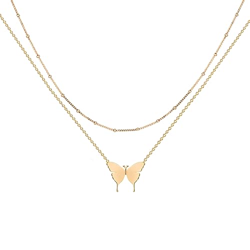 Jenosy Kette Layered Damen Kette Schmetterling Gold Personalisierte Schmetterling Kette Zarte Halskette mit Schmetterling Anhänger Hypoallergene Vergoldete Kette Modeschmuck für Frauen Mädchen von Jenosy