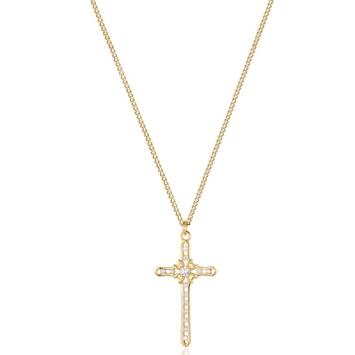 Jenosy Kette Damen Gold Kreuz Kette mit Cubic Zirkonia Personalisierte Kette mit Kreuz Zarte Halskette mit Kreuz Anhänger Damen Hypoallergene 18K Vergoldete Kette Modeschmuck für Frauen und Mädchen von Jenosy