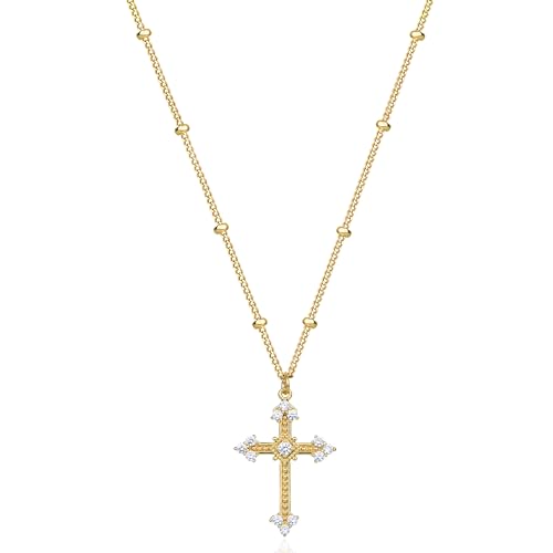 Jenosy Kette Damen Gold Kreuz Kette mit Cubic Zirkonia Personalisierte Kette mit Kreuz Zarte Halskette mit Kreuz Anhänger Damen Hypoallergene 18K Vergoldete Kette Modeschmuck für Frauen und Mädchen von Jenosy