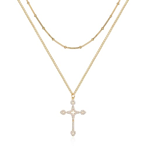 Jenosy Kette Layered Damen Gold Kreuz Kette mit Cubic Herz Zirconia Glaube Kette mit Kreuz Zarte Halskette Hypoallergene 18K Vergoldete Kette Modeschmuck für Frauen und Mädchen von Jenosy