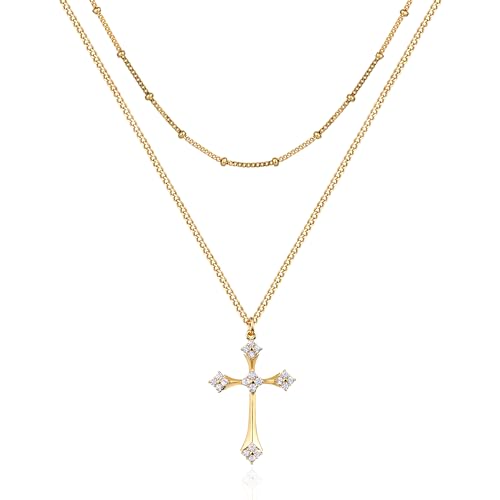 Jenosy Kette Layered Damen Gold Kreuz Kette mit Cubic Vierblättriges Kleeblatt Zirconia Glaube Kette mit Kreuz Zarte Halskette Hypoallergene 18K Vergoldete Kette Modeschmuck für Frauen und Mädchen von Jenosy