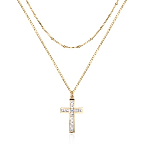 Jenosy Kette Layered Damen Gold Kreuz Kette mit Cubic Zirconia Glaube Kette mit Kreuz Zarte Halskette Hypoallergene 18K Vergoldete Kette Modeschmuck für Frauen und Mädchen von Jenosy