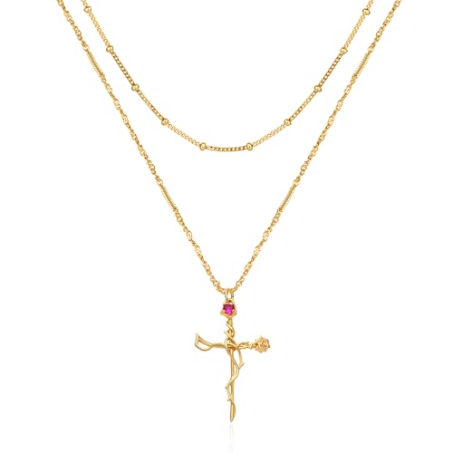 Jenosy Kette Layered Damen Gold Kreuz Kette mit Cubic Zirconia Glaube Kette mit Kreuz Zarte Halskette mit Kreuz Anhänger Damen Hypoallergene 18K Vergoldete Kette Modeschmuck für Frauen und Mädchen von Jenosy