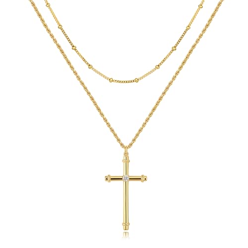 Jenosy Kette Layered Damen Gold Kreuz Kette mit Cubic Zirconia Glaube Kette mit Kreuz Zarte Halskette mit Kreuz Anhänger Damen Hypoallergene 18K Vergoldete Kette Modeschmuck für Frauen und Mädchen von Jenosy