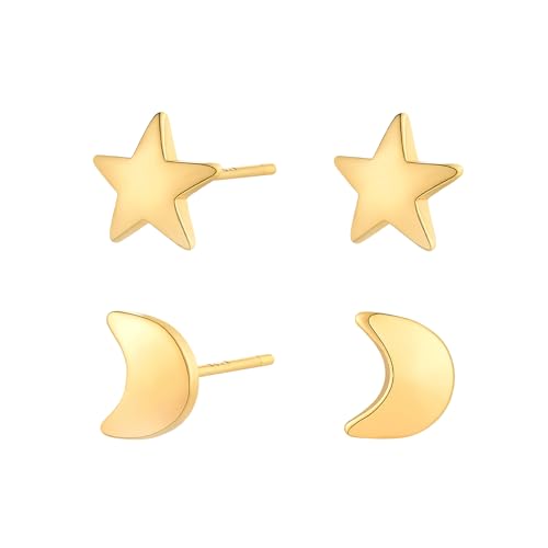 Jenosy 2 Paar 18K Ohrringe Gold Mond Sterne für Damen Herren Gold Mond Sterne Ohrstecker Set für Mädchen Vergoldet Ohrstecker Hypoallergene Sleeper Stud Set Modeschmuck für Frauen und Mädchen von Jenosy