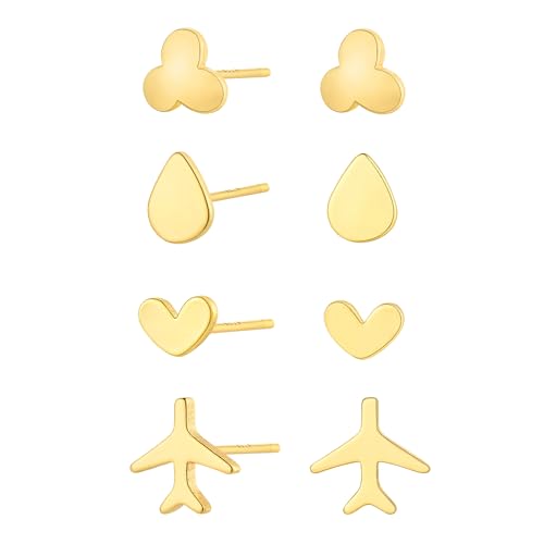 Jenosy 4 Paar 18K Ohrringe Gold Set Gold Herz Blumen Teardrop Flugzeug Ohrstecker Set für Damen Vergoldet Ohrstecker Hypoallergene Sleeper Stud Set Modeschmuck für Frauen und Mädchen von Jenosy