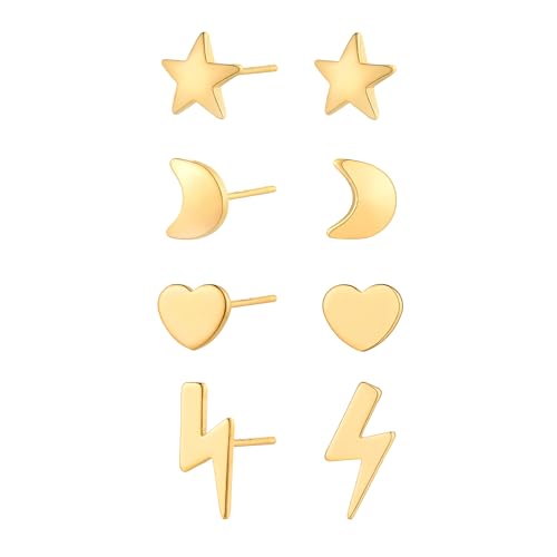 Jenosy 4 Paar 18K Ohrringe Gold Set Gold Stern Mond Herz Blitz Ohrstecker Set für Damen Vergoldet Ohrstecker Hypoallergene Sleeper Stud Set Modeschmuck für Frauen und Mädchen von Jenosy