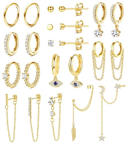 JeryWe 11 Paar Ohrringe Creolen Set für Damen Evil Eye Böses Auge Baumelnde Reif-Ohrringe Stern CZ Bar Kugel Kettenohrring Baumeln Mini Creolen Anhänger Edelstahl Kleine Ohrstecker Set（Gold） von JeryWe