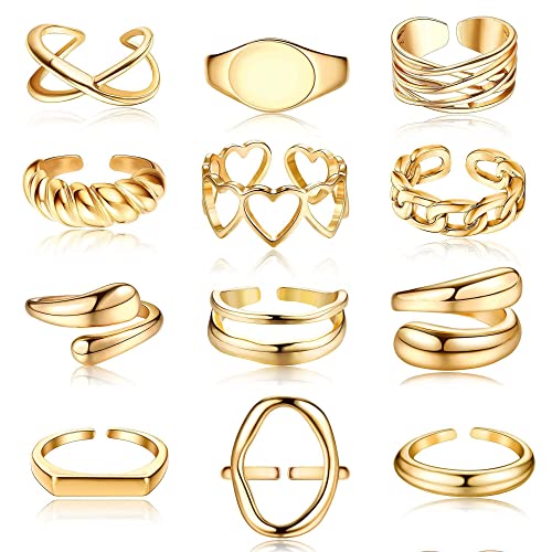 JeryWe 12 Stücke Damen Ringe Set Chunky Statement Fingerringe Breiter Verstellbar Stapelringe Knöchel Ring Offen Verdrehte Midi Bandring für Teenager Mädchen Gold von JeryWe