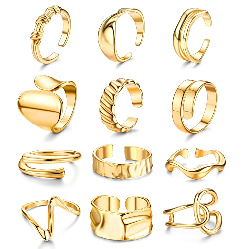 JeryWe 12PCS Offene Ringe Set für Damen Frauen Midi Verstellbare Fingerringe Gold Knöchel Ringe Set Niedliche Minimalistisch Klobig Stapelringe von JeryWe