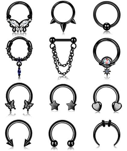 JeryWe 12Stk 16G Septum Piercing Chirurgenstahl für Damen Hängende Nasenringe mit Scharnier Stern Herz Hufeisen Daith Tragus Helix Knorpel Ohr Dangle Nasenpiercing Septum Piercing Schmuck（Schwarz） von JeryWe