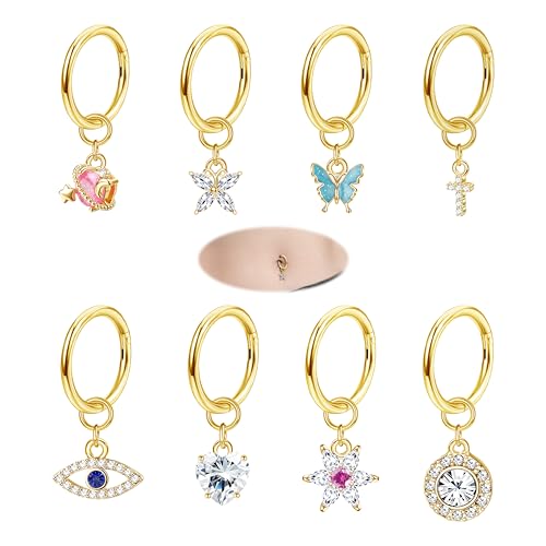 JeryWe 14G 8STK Bauchnabelpiercing Ring für Damen Chirurgenstahl Bauchnabelpiercing CZ Schmetterlinge Blumen Kurze Dangly Nabelpiercing Helix Conch Tragus Ohr Piercing Körper Piercing Gold von JeryWe