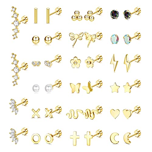 JeryWe 20 Paar Edelstahl Gold Ohrknorpel Ohrringe für Damen Mädchen 20G Helix Piercings Ohr Knorpel Ohrringe Tragus Knorpel Creolen Mond Stern Kleine Blume Conch Schraube Flache Rückseite Ohrringe von JeryWe