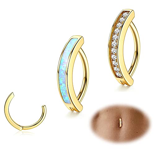 JeryWe 2stk 14G Clicker Piercing Bauchnabel für Damen Frauen Edelstahl Bauchnabelpiercing CZ Opal Körperschmuck Reverse Curved Nabel Barbell Schmuck gold 10mm von JeryWe