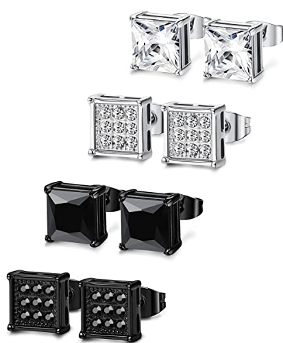 JeryWe 4 Paar Edelstahl Ohrringe Set für Männer Herren Frauen Platz Zirkonia Ohrstecker Piercing Silber Schwarz Ohrschmuck 7MM von JeryWe