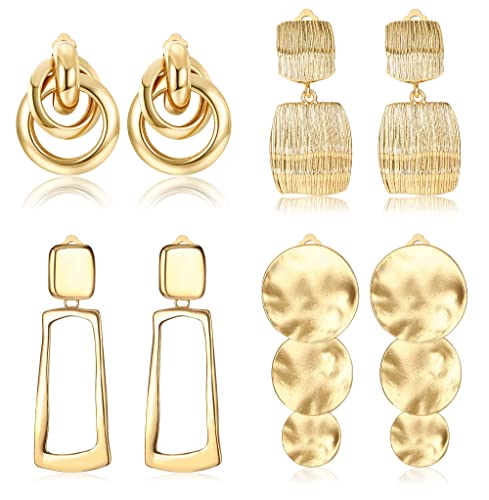 JeryWe 4 Paar Ohrclips Gold für Damen Statement-Ohrringe Geometrisch Baumelnd Rechteckige Quaste Teardrop Quadratisch Metall Rund Tropfen Anhänger Fake Ohrringe Ohrclips Ohne Ohrlöcher（Stil1） von JeryWe