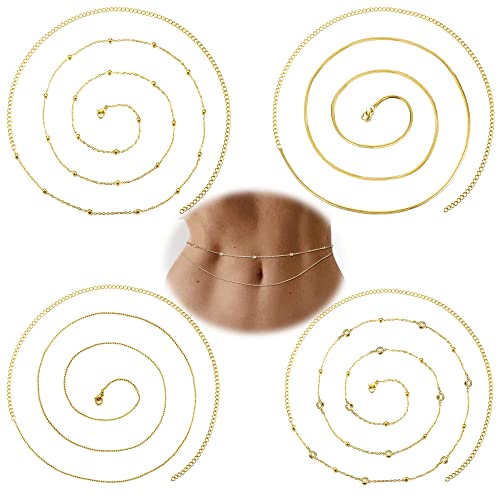 JeryWe 4PCS 18K Gold plattiert Taille Ketten Bikini Bauch Kette für Frauen Mädchen Edelstahl Minimalistische Gürtel Körper Kette Schmuck für Sommer Strand Einstellbar gold von JeryWe