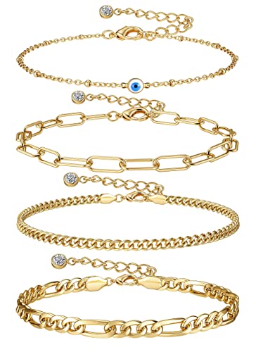 JeryWe 4Pcs Fußkettchen Damen Mädchen Wasserdicht Edelstahl Boho Verstellbare Büroklammer Kubanischer Figaro Sommer Fußkettchen in 18K GOLD Knöchel Ketten Fußspange Sommer Strand Fuß Schmuck von JeryWe