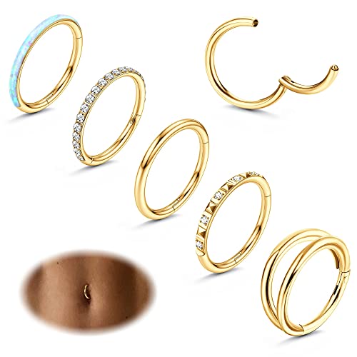 JeryWe 5Pcs 14G Bauchnabelpiercing für Damen Chirurgenstahl Opal CZ Segment Silber Gold Conch Helix Tragus Septum Piercing Bauchnabel Hoop Körper Piercing Schmuck 8mm 10mm 12mm(Gold-12mm) von JeryWe